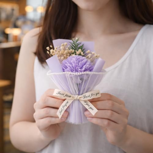 Image of Mini Artificial Flower Bouquet Gifting, Preserved Look Flower Pearl Net Wrap inchJust for You inch, Romantic Small Gift Valentine, Birthday, Proposal, Home & Desk Decor (Lavender)