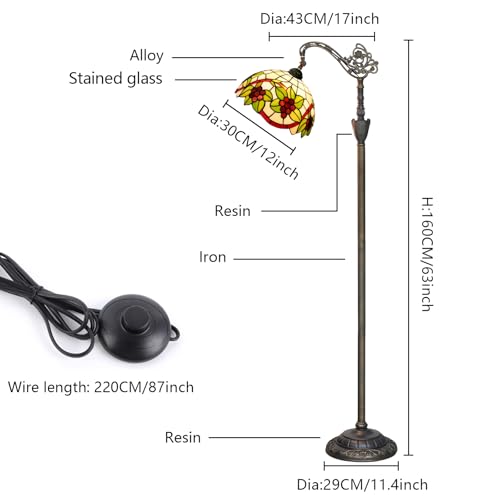 Image of Tiffany Floor Lamp Red grapes Classical elegance Gooseneck Adjustable Corner Vintage Standing Reading Lamps 12 inch Stained Glass Lamps for Bedroom Living Room Study room countryside Home Decoration