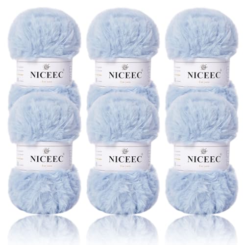 Image of NICEEC Faux Fur Yarn Super Soft, Chunky & Fluffy, Eyelash Yarn for Crochet & Knitting(Total Length 210yds /10.6oz) - Mist Blue /300g