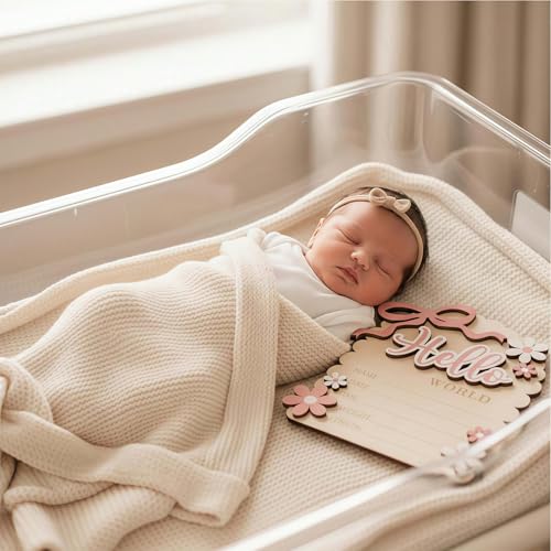 Vesavifaka Meilensteinkarten Baby Holz, Baby Ankündigungs Schild, Hallo Welt Neugeborenen Schild für Zuhause Krankenhaus Kinderzimmer Sie ist da Karte, Baby Ankündigungen Ideen Requisiten