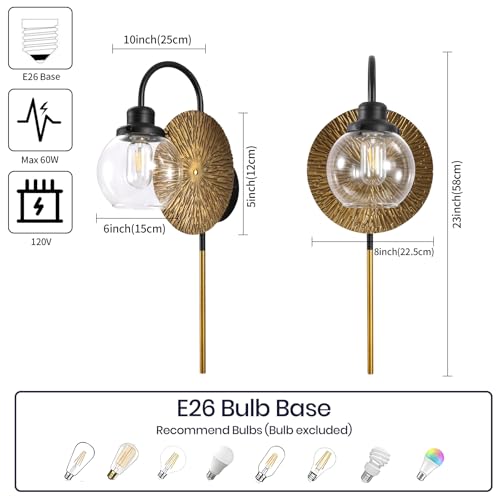 Image of Vintage Gold Wall Sconces,Modern Sconces Wall Lighting Decor with Globe Glass Shade for Bedroom Hallway Living Room Bathroom Vanity Light Fixture.