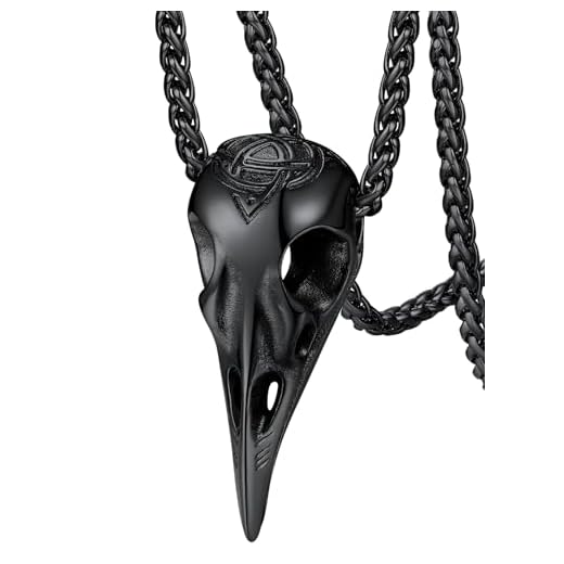 FaithHeart Runic Raven Skull Pendant Necklace, Black Stainless Steel Nordic Vikings Jewelry Men Celtic Knot Crow Seketon Aegishjalmr Amulet for Women