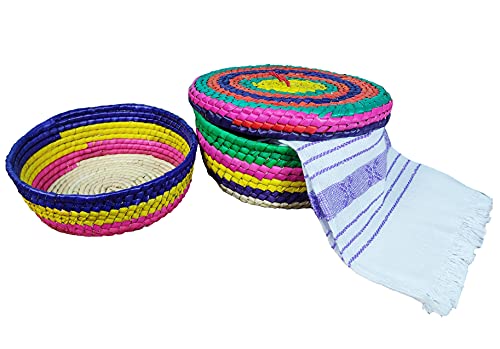2 Stück mexikanische handgefertigte mehrfarbige Palmenkörbe (einer mit Deckel) und 1 gewebtes Serviettentuch (Servilleta Mexicana), 100 % Baumwolle, Tortillero) für Partys, bunte Fiesta-Dekoration.
