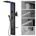 Homevacious 4 In 1 Shower Panel Shelf LED Rainfall Shower Head and Adjustable Massage Body Jets 3-Functions with Handheld Shower Tub Spout Stainless Steel Bathroom Shower Fixtures Matte Black
