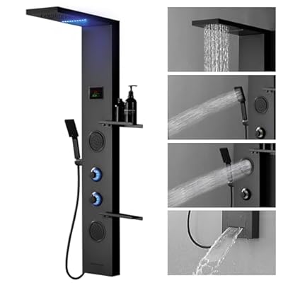 Homevacious 4 In 1 Shower Panel Shelf LED Rainfall Shower Head and Adjustable Massage Body Jets 3-Functions with Handheld Shower Tub Spout Stainless Steel Bathroom Shower Fixtures Matte Black