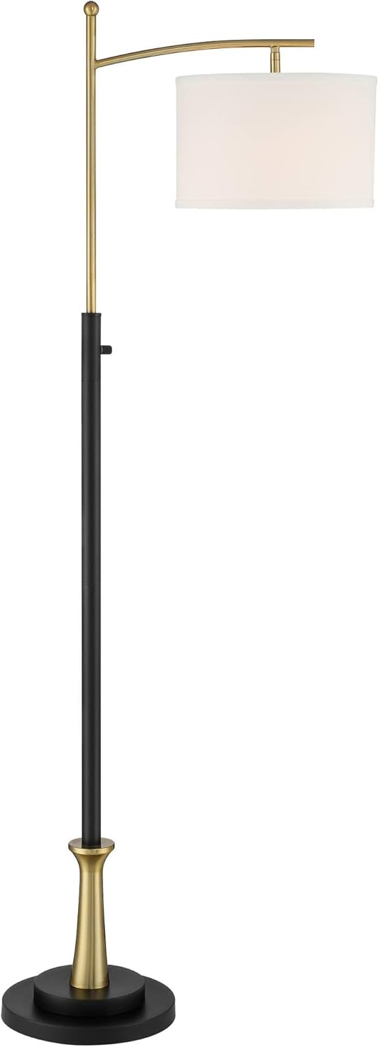 Possini Euro Design Burbank Modern Downbridge Floor Lamp 64" Tall Black Brass Gold Metal Linen Drum Shade for Living Room Reading Bedroom Home Office House