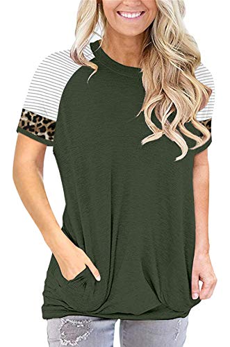 Onlypuff Casual Loose Tops For Women Green Striped Tee Shirt With Pocket Round Neck M cover