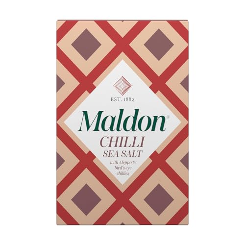 Maldon Chilli Sea Salt Flakes, Blended with Aleppo & Bird’s Eye Chillies - Take Simple Dishes to the Next Level - Fantastic Flavour - Unique Pyramid-Shaped Sea Salt Flakes - 100g Box
