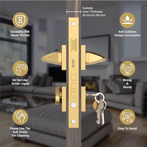 Image of GLOXY Zinc Door Locks for Main Door, Mortise Door Lock Set with 3 Brass Keys, Bedroom Door Lock for Home,Office, Hotel |Gold Finish (2 Years Warranty, Pack of 1)