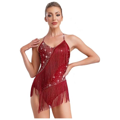 Robe danse latine fluide avec glands mobiles et patchwork géométrique dos nu - 2