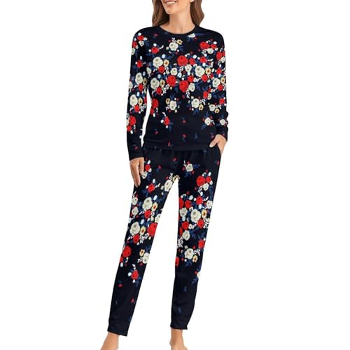 Pyjama femme manches longues fleur rouge blanche pour soirée cocooning