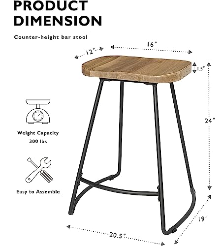 Jubiloom 24 Inch Bar Stools, Counter Height Bar Stools With Metal Leg, Kitchen Stools With Wood Saddle, Industrial Backless Bar Stools For Kitchen Island, Natural Solid Elm Wood Black Metal, 624Pnr1 #TOP2