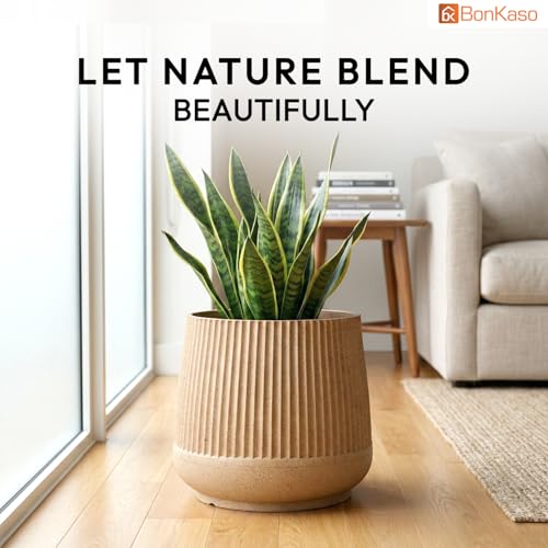 Image of BonKaso 12 Inch Audi Plant Pot for Indoor & Outdoor Use | Heavy Duty Durable Polymer Flower Pot Gamla | Lightweight Modern Planter for Living Room, Balcony, Terrace & Office Decor (Beige)