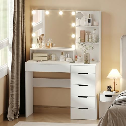 HMYZOM Makeup Vanity with 10 LED Lighted Mirror, White Vanity Desk with Large Desktop, Multi-Drawers...