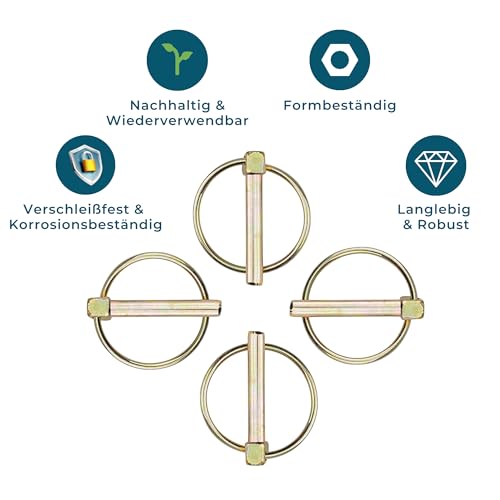 EMSNOVA® Klappsplinte 4,5mm x 40mm Rund – 4 Stück | Gelb Verzinkter Sicherungssplint mit Federhalterung | Rostfrei & langlebig | Für Anhänger, Traktoren, Boote, LKWs & Landmaschinen