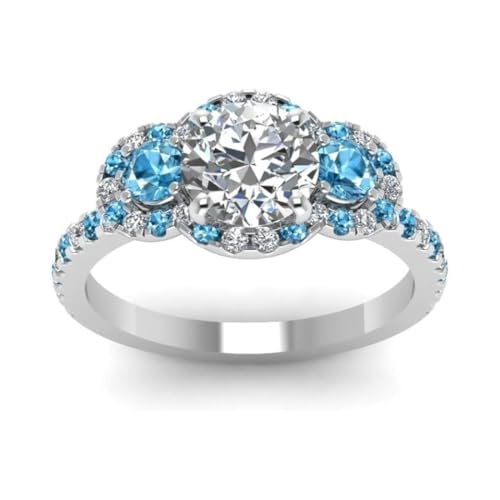 Image of 55Carat Choose Your Gemstone Delicate 3 Stone Halo Diamond CZ Ring Sterling Silver Round Shape Halo Engagement Rings Everyday Jewelry Wedding Jewelry Handmade Gifts for Wife US Size 4 to 12