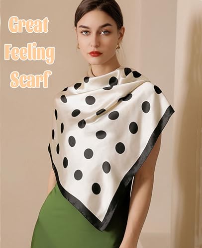 kcctoo 27.5" Mulberry Silk Feeling Head Scarf Women's Fashion Square Neck Satin Scarfs for Bag Hair Scarves Gift (K004-Beige Black Point/27.5"x 27.5")4