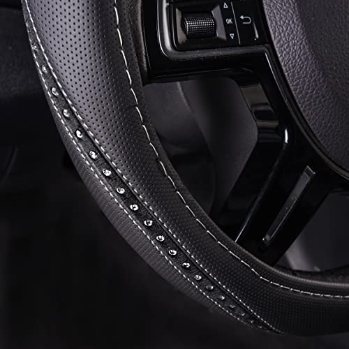 Car Pass Bling Diamond Leather Steering Wheel Cover, Universal Fit 14" 1/2-15" Bling Car Seat Covers, Shining Rhinestone Diamond Waterproof Faux Leather Two Front Only, Sliver #TOP3