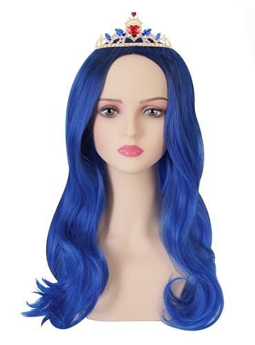 WUYYFAL Evie Cosplay Wig with Descendants 3 Crown for Halloween Girl Costumes Parties(Dark Root Blue)