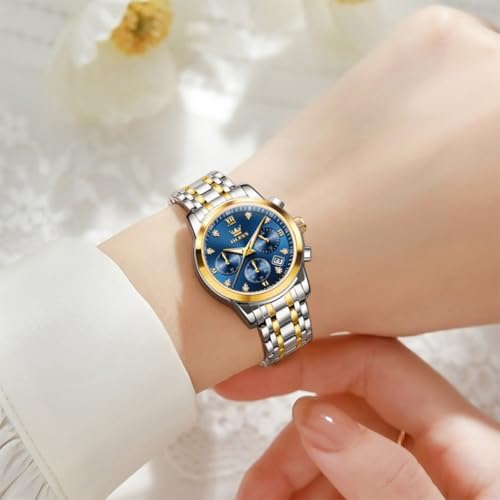 Image of OLEVS Women Watch Multifunctional Two Tone Watch Fashion Business Analog Quartz Ladies Watch Stainless Steel Waterproof Diamond Watch for Women