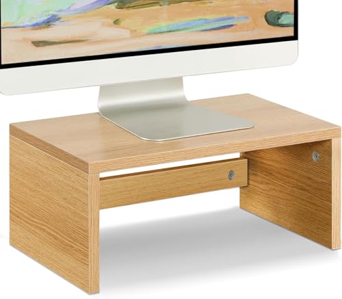 Image of Higher Monitor Stand Riser, Wood Monitor Riser with Storage for Desk Small Monitor Stand TV /Screen /PC /Laptop Riser Computer Stand Desktop Shelf (Oak)