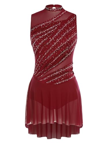 Winnrchan Lyrical Dance Costume for Women Rhinestone Figure Skating Dresses Sleeveless Ballet Dancewear Burgundy Medium