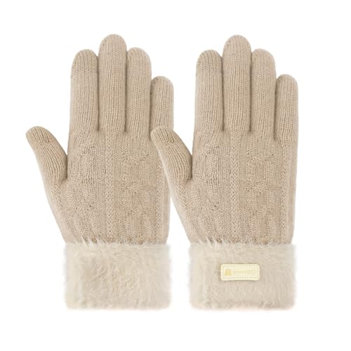 LuckyOpt Women's Winter Gloves, Thicken Plush Cuffs Knitted Gloves, Touchscreen Thermal Gloves for Driving Cycling Working Studing Walking Out (Beige)