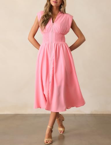 Image of FANCYINN Summer Casual Womens Maxi Dress Sleeveless V Neck Waist Aline Front Zipper High Slit Flowy Long Dress Pockets