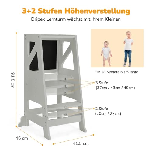 Foto von Dripex Lernturm für Kinder, Lernturm Höhenverstellbar Kippschutz, Montessori Holz Learning Tower mit Doppelseitige Tafel Für Kinder Baby, ideales Montessori Küchenhelfer ab 1 Jahr (Grau-Klassisch)