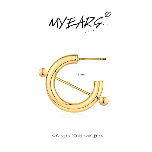 Myears Women Earrings Gold Open Thick Hoop Barbell C Shape 14K Gold Filled Small Simple Handmade Hypoallergenic Everyday Illusion Jewelry #TOP3