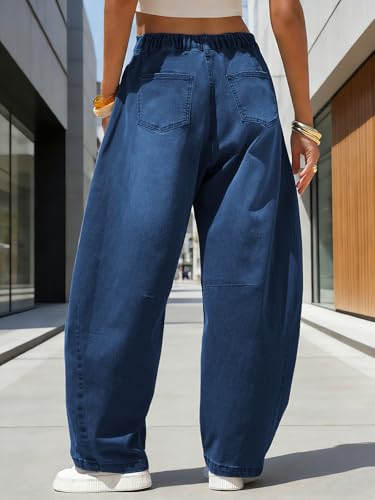 Image of EXLURA Womens Barrel Jeans Wide Leg Y2K Boyfriend Denim Pants Hip Hop Vintage Baggy Jeans Cotton Mid-Low Elastic Waist Pants