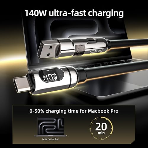 Image of MFish 140W 2-in-1 USB C to USB C Cable, Dual USB-C Fast Charging Cord with LED Power Display, PD 3.1 Smart Power Split for MacBook Pro /Air, iPad Pro, iPhone 17 /16 /15, Galaxy, 5FT Black
