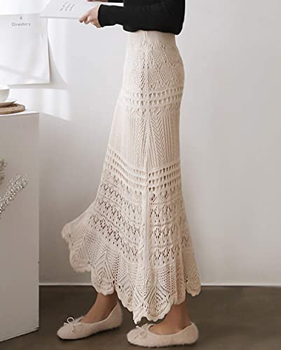 Women's Crochet Knitted Stretchy High Waist Hollow Out Lined Lace Maxi Skirt3