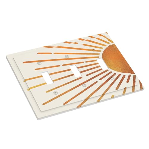 Decorative Light Switch Plate Covers Mid Century Gold Sun Boho Sunrise 3 Gang Light Switch Cover Plate Triple Toggle Wall Plate Switch Plate Cover for Bedroom Home Decor