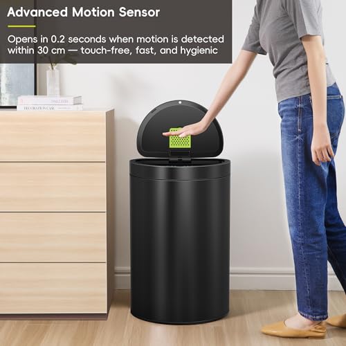 Image of EKO Mirage Semi-Round 47L / 12.4 Gal Motion Sensor Trash Can or Recycling Bin, Automatic Kitchen Trash Bin with Deodorizer Compartment, Removable Lid & Inner Bucket, Stainless Steel, Matte Black