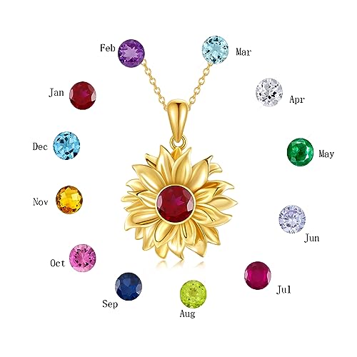 10K 14K 18K Solid Gold Personalized Sunflower Birthstone Necklace for Women, Real Gold Customized Flower Pendant with 12 Month Birthstone Fine Jewelry Gifts for Her,Mom, Wife4
