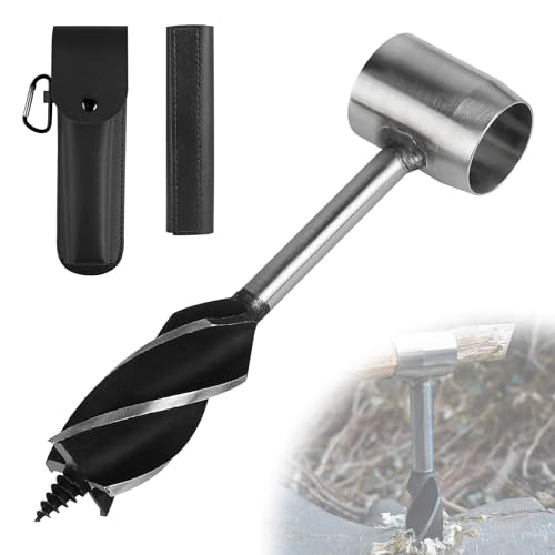 EFUTURETIME Tarière Manuelle Bushcraft, φ25x160mm, Perceuse à Main en Acier avec Étui en Cuir Noir, Outil de Survie pour Aventure Extérieure, Camping, Travail du Bois