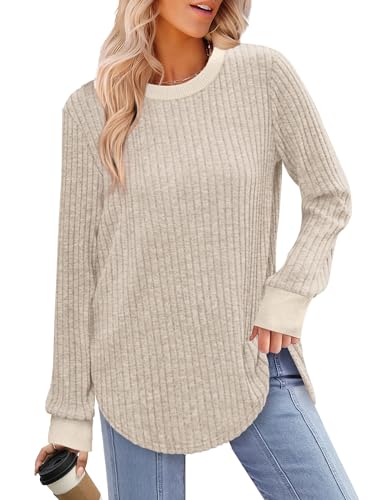 Saloogoe Sweaters for Women Long Sleeve Shirts Fall Outfits 2025 Tunic Tops Loose Fit Crewneck Color Block Ribbed Collar