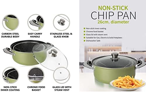 HMWD Large Non Stick Chip Frying Pan with Basket and Glass Lid with Steam Vent, Carbon Steel Deep Fat Fryer, Induction Safe, Stainless Steel - 26cm (Olive)