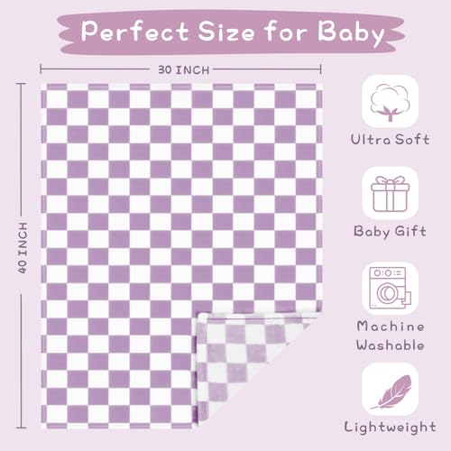 Image of Yurhap Checkered Baby Blanket Fleece Baby Blankets for Girls, Ultra Soft Cozy Fluffy Infant Toddler Newborn Receiving Blankets for Crib Stroller, 30''x40'', Purple