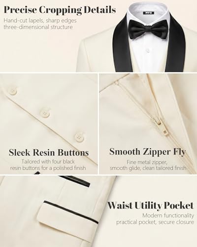 Image of MY'S Mens 3 Piece Tuxedo Set with Bow Tie, Shawl Lapel One Button Jacket Vest & Pants, Slim Fit Suit Prom Party Wedding Tux