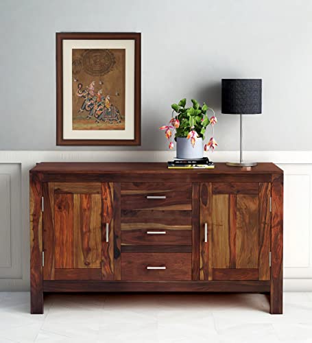 Image of Solid Sheesham Wood Free Standing Multipurpose Storage Sideboard Cabinets with 2 Door & 4 Storage Drawers Cabinet for Living Room Home and Office Teak Finish