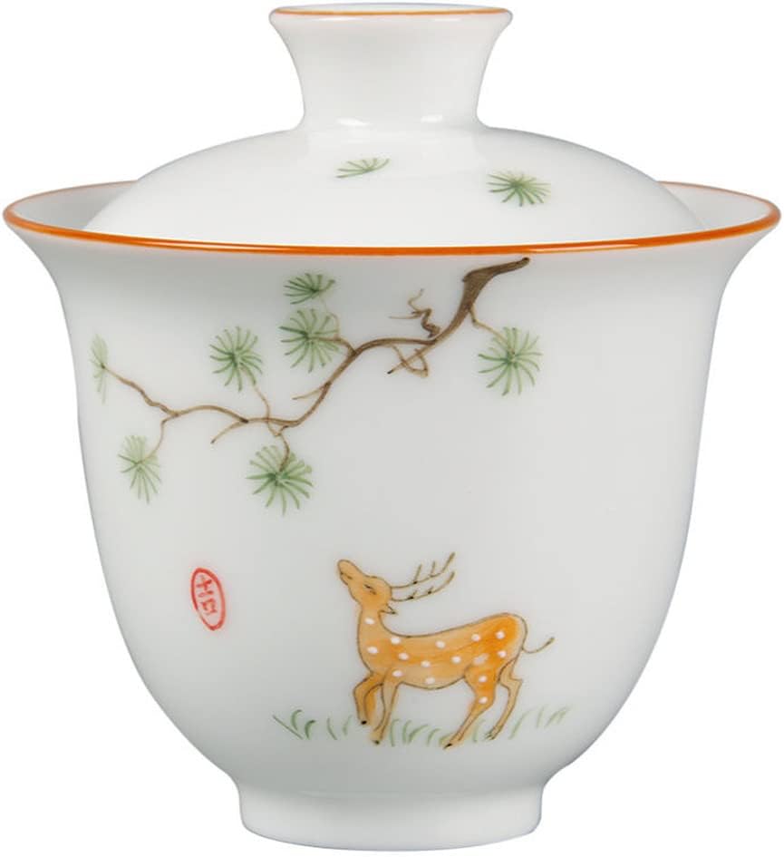 Chinese Traditional Tea Bowl,100ml Chinese Deer Pattern Gaiwan Hand Painted Porcelain Tea Bowl Kung Fu Tea Set Tureen