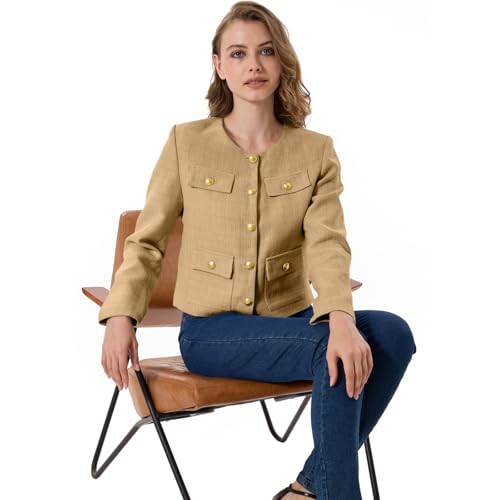 Women's Tweed Jacket Cropped Blazers Spring Summer Round Neck Business Work Office Plaid Jacket4