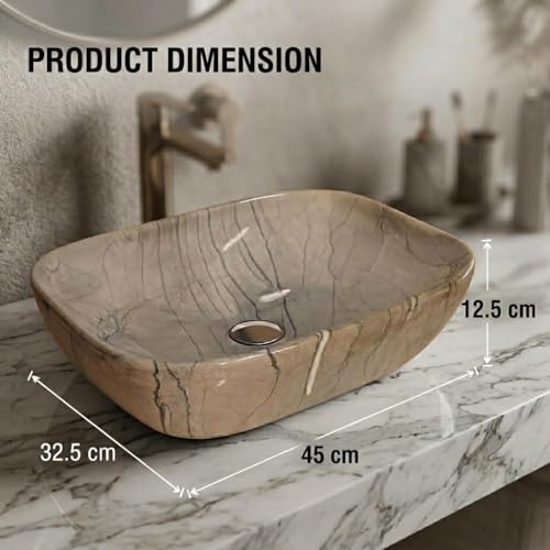Image of Ceramic Tabletop Wash Basin - Glossy Rectangular Countertop Vessel Sink with Marble Finish for Bathroom & Vanity | Compact 18 x 13 x 5 Inch | Elegant Washbasin