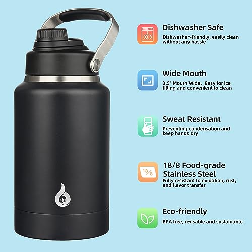 Image of BJPKPK 64oz Insulated Water Bottles, Dishwasher Safe Half gallon Water Bottle with Metal Handle, BPA Free Spout Lid & Detachable Bowl, Large Stainless Steel Jugs, Black
