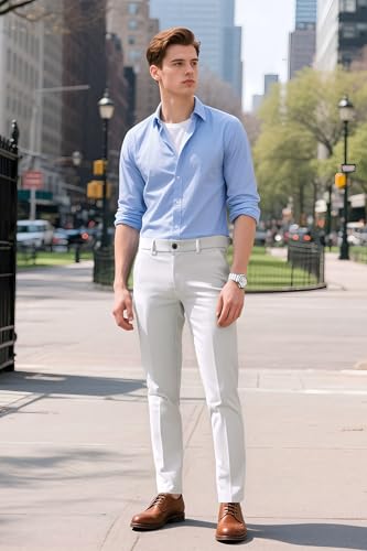 Image of Plaid&Plain Men's Slim Fit Dress Pants Stretch Khaki Pants Wrinkle Free