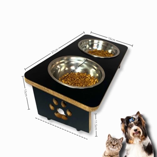 Comedouro Inclinado Elevado Cachorro Gato Duplo Tigela Inox (Preto)
