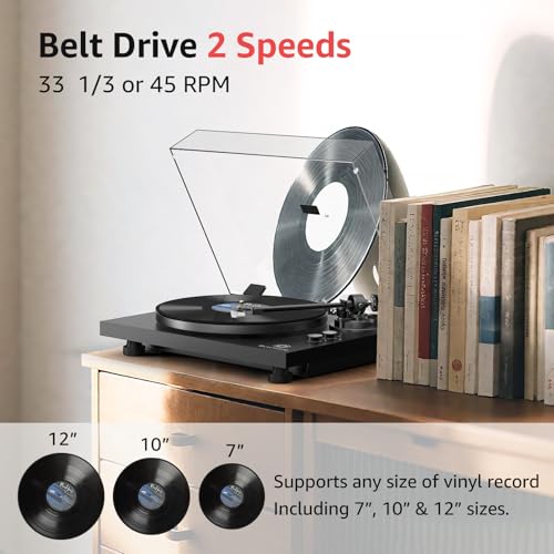 Image of Record Player Wireless Output Turntable Carbon Fiber Tonearm Vinyl Player Aluminium Platter Belt-Drive LP Turn Tables 2 Speed RPM Phono RCA Line Output AT-3600L MM Cartridge Audio Sound Pure Black