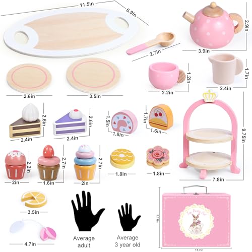 Wooden Tea Party Set for Little Girls, Toddler Girl Gifts Princess Tea Time Toys, Wooden Tea Set Tray Cake Dessert, Kids Kitchen Pretend Play, Birthday for Girls Age 2-5 Years Old